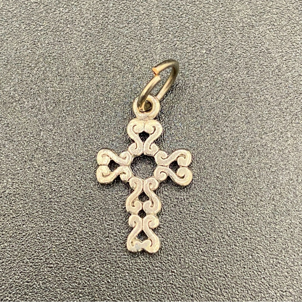 Small Vintage Spanish Cross Pendant in Silver with Ornate swirl design